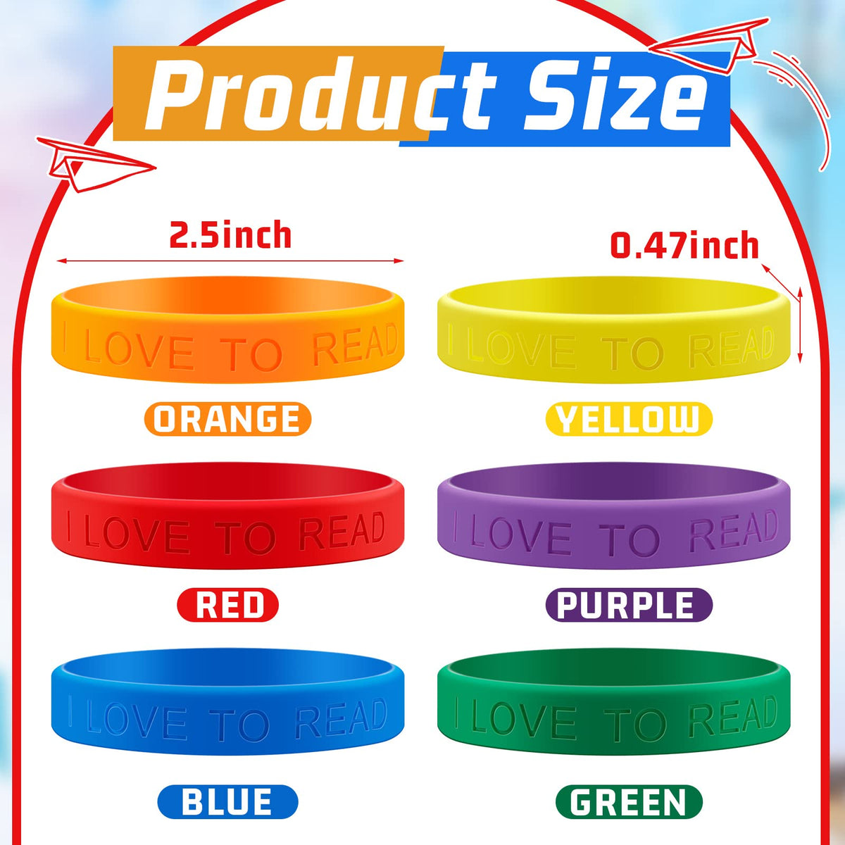 Close-up of Jutom I Love to Read silicone wristbands ready for daily reading challenges