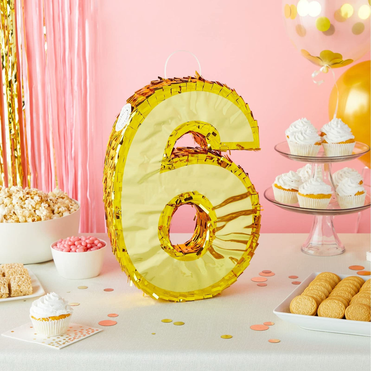 Juvale Gold Foil Number 6 Pinata side view highlighting sturdy construction for lively party moments.