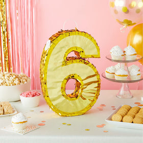 Juvale Gold Foil Number 6 Pinata side view highlighting sturdy construction for lively party moments.