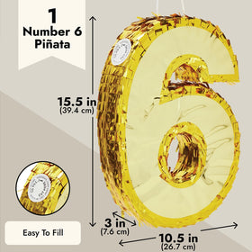 Juvale Gold Foil Number 6 Pinata top opening for easy filling and candy distribution.