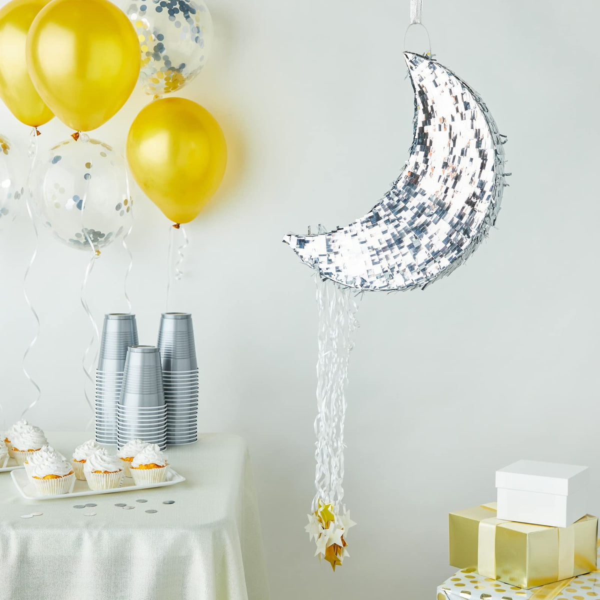 Juvale moon pinata with gold stars accent for festive decor