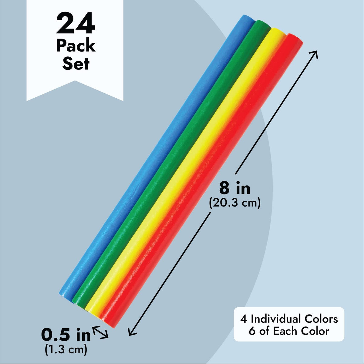 Juvale rhythm sticks for kids, multicolor, compact 8-inch size for small hands.