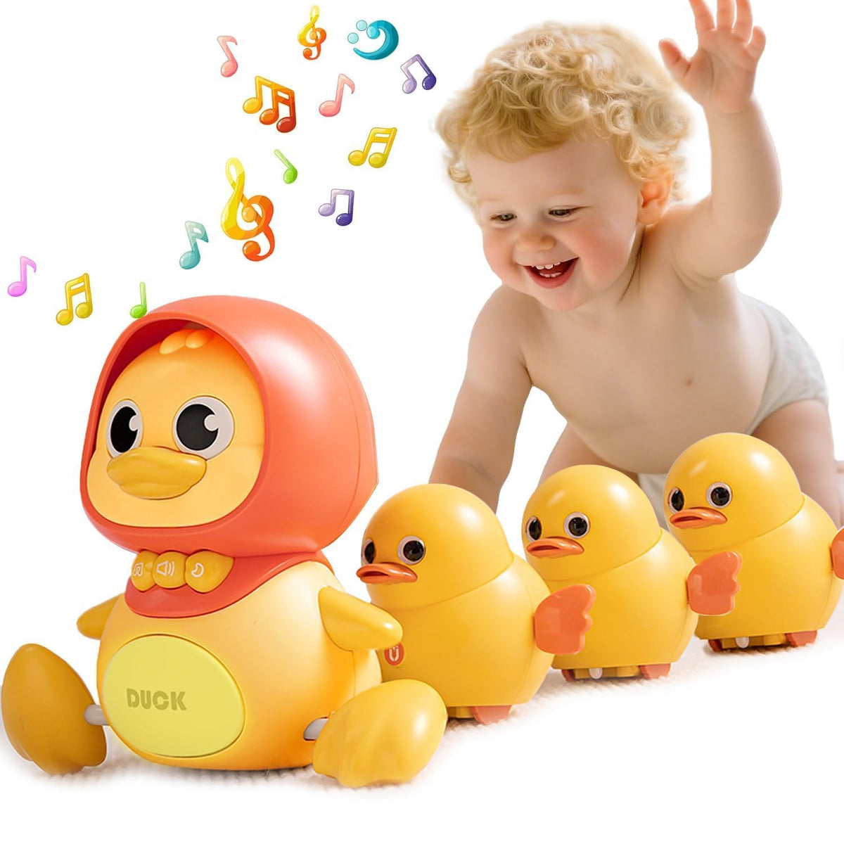JUYEE four-pack magnetic-ducks-family engages baby during tummy time with gentle lights.