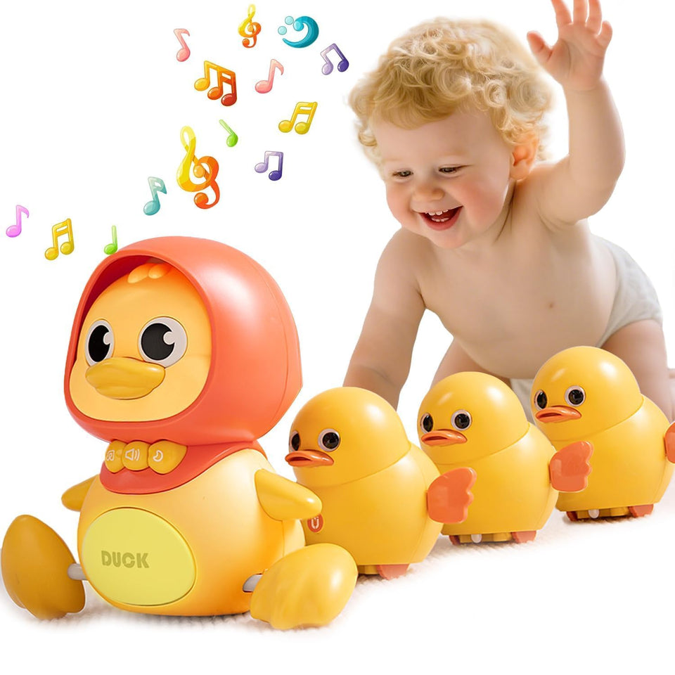 JUYEE four-pack magnetic-ducks-family engages baby during tummy time with gentle lights.