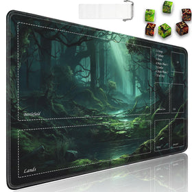 JVGFYNKL MTG playmat with zones in green forest for organized gameplay.