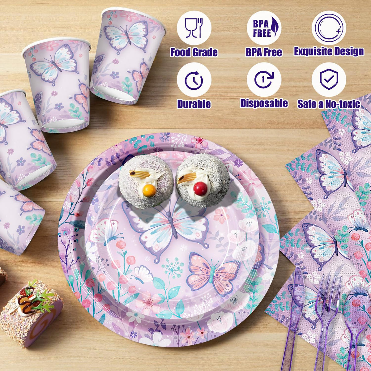 JVORFDG purple butterfly cups showcase vibrant design with convenient serving for 24 guests.