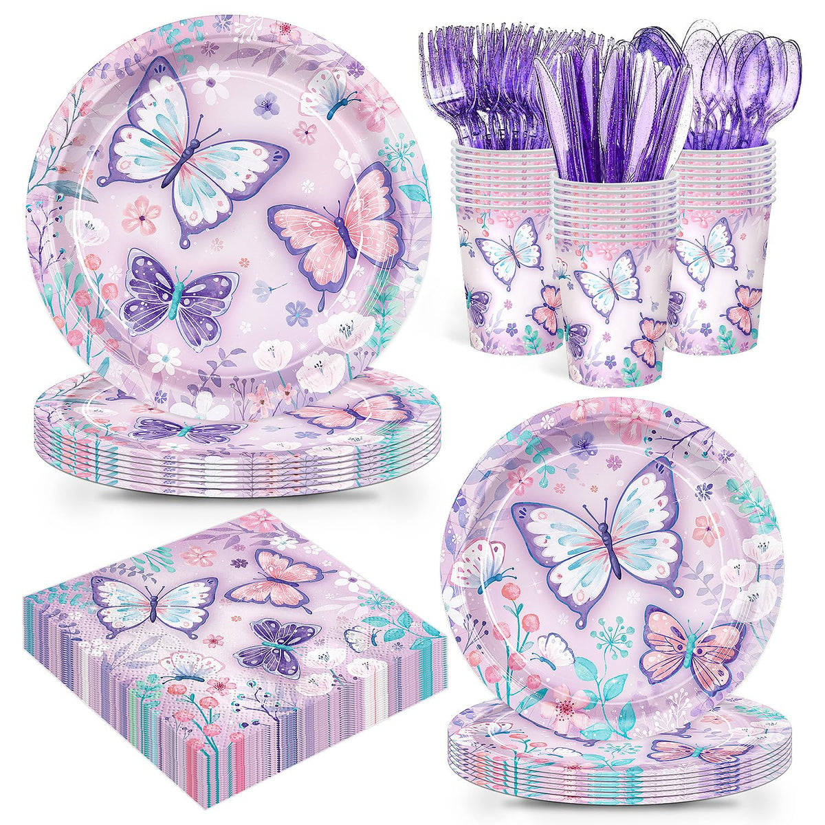 JVORFDG 168pcs purple butterfly plates for quick, mess-free kids' party dining.