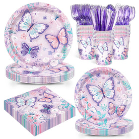 JVORFDG 168pcs purple butterfly plates for quick, mess-free kids' party dining.