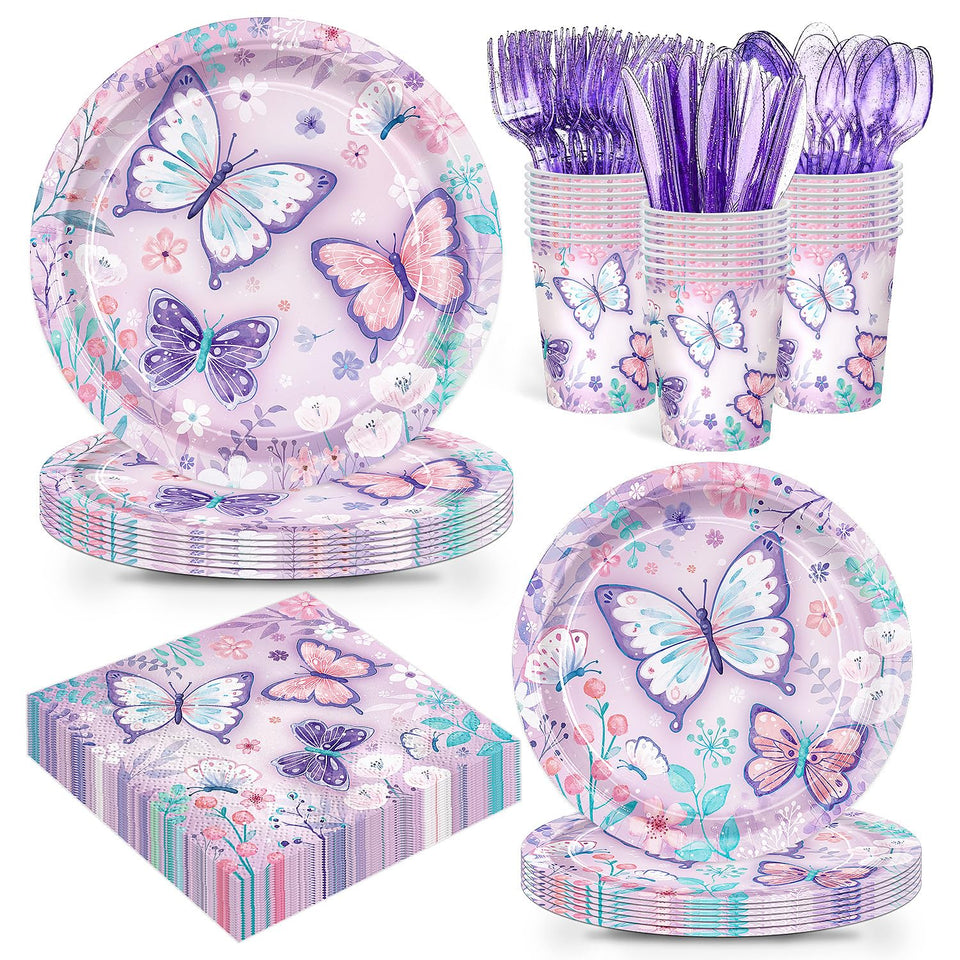 JVORFDG 168pcs purple butterfly plates for quick, mess-free kids' party dining.