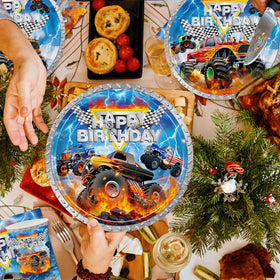 JVORFDG Monster Truck tableware set 24pc complete party solution for kids' celebrations.