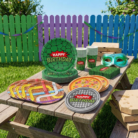 JVORFDG turtle party tableware in-use showing complete 30-guest setup