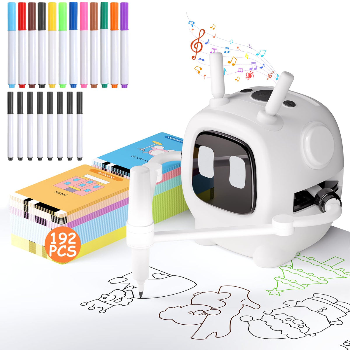 JXJXQU drawing robot with kids card pack guiding creative projects.
