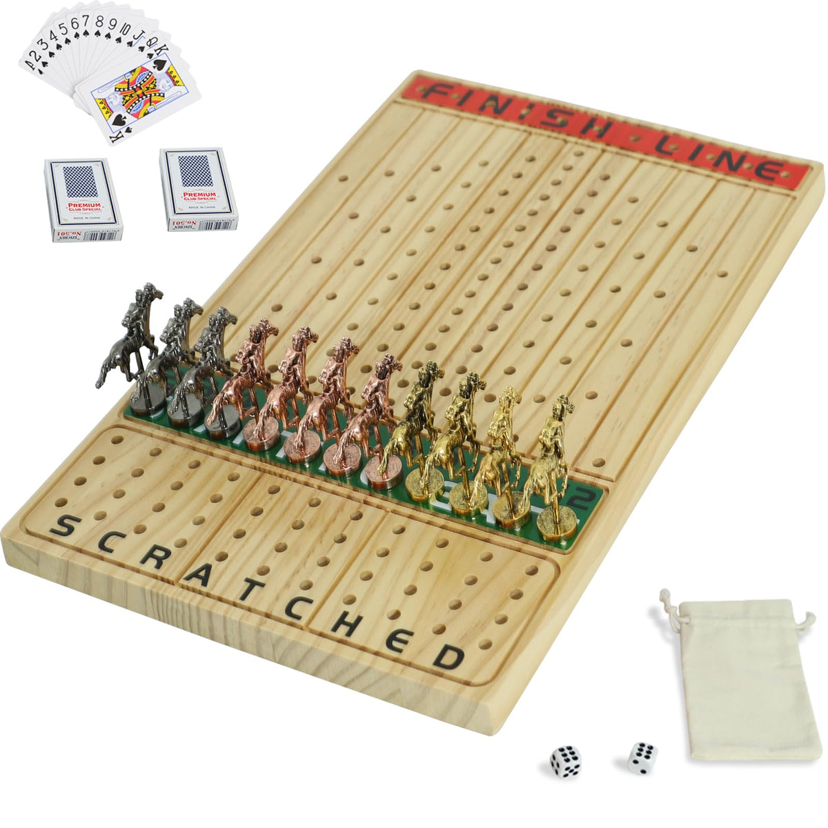 Jyquorp horse race board game, top view of the rectangular wooden board for family play