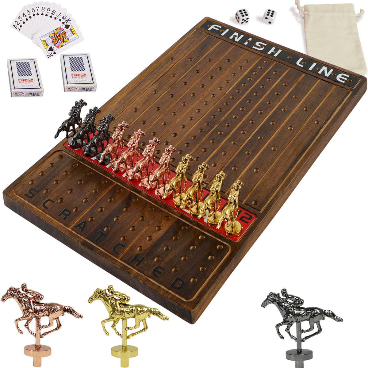 Jyquorp Horse Race Board Game on a wooden board for engaging family play.
