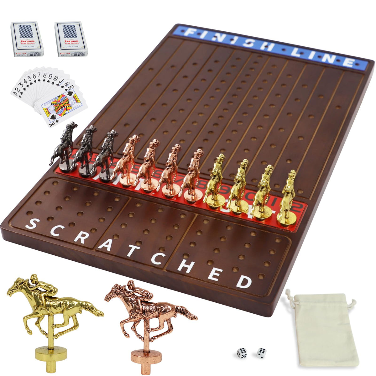 Jyquorp Metal Horse Race board with walnut finish and 11 metal horses for family nights.
