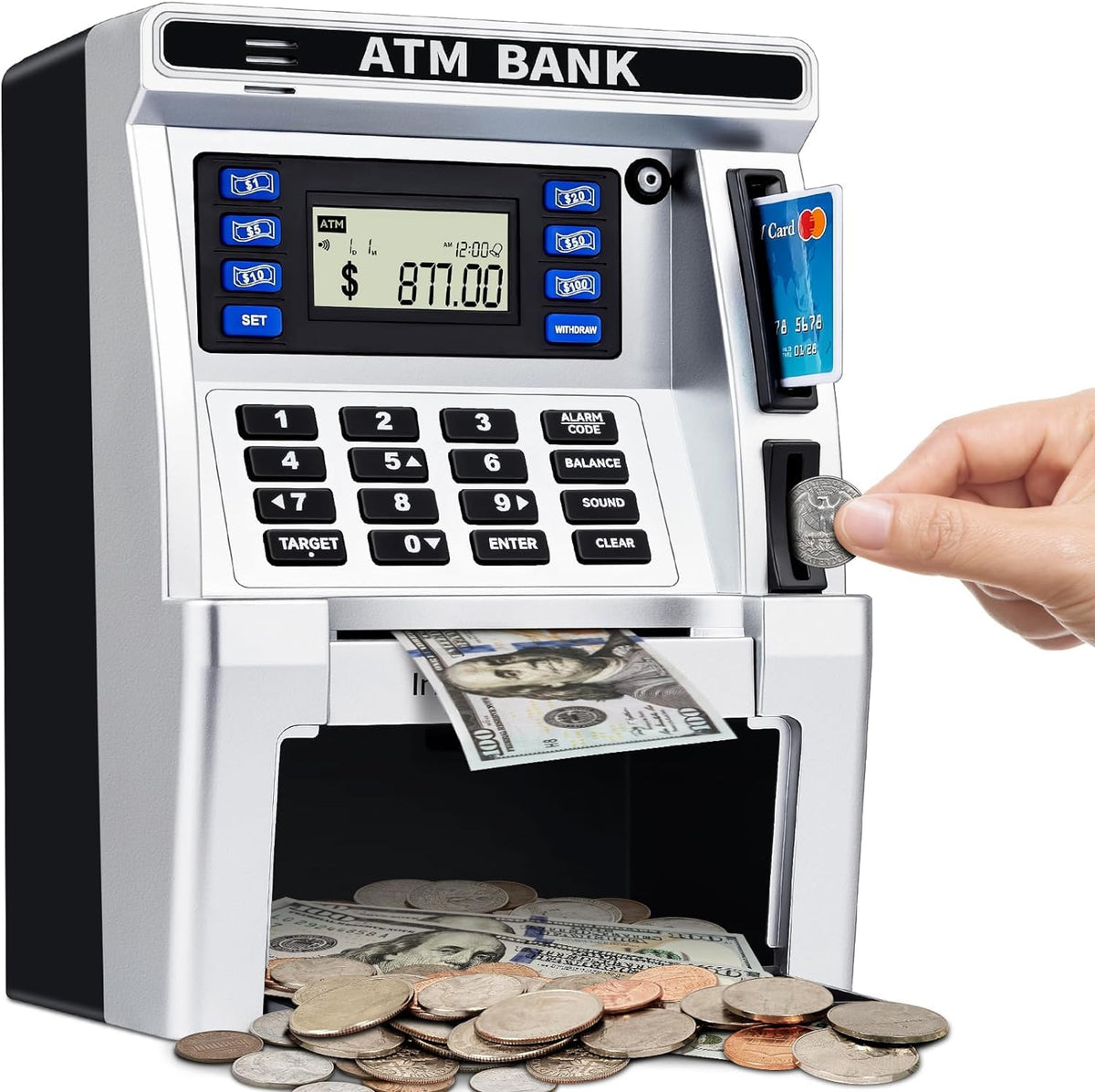 Jyusmile ATM piggy bank front view shows realistic savings experience for kids.