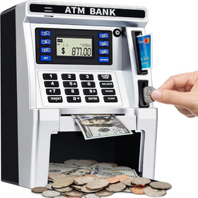 Jyusmile ATM piggy bank front view shows realistic savings experience for kids.