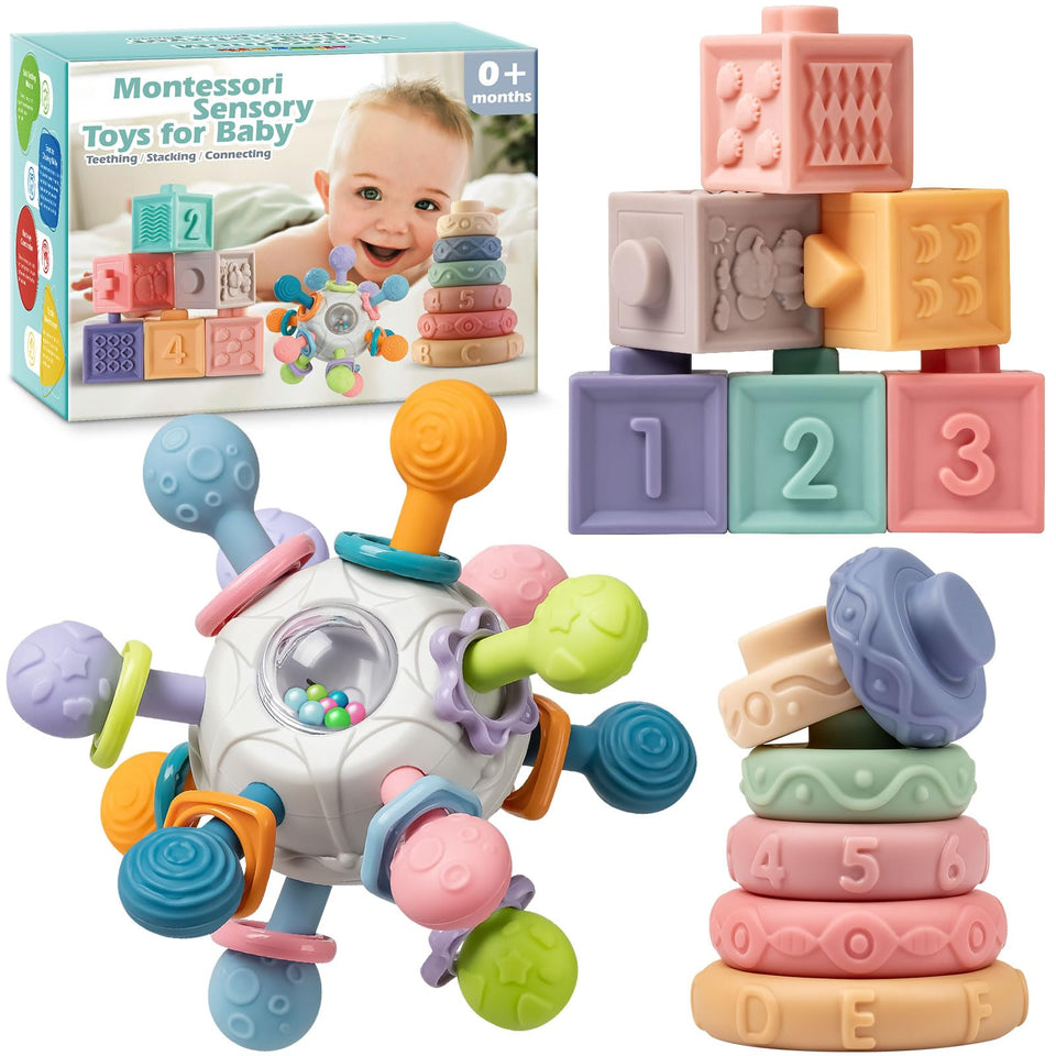 Jyusmile baby sensory teether rattle promotes soothing gums and early auditory engagement.