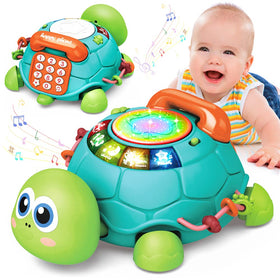 Jyusmile baby toy turtle crawling with colorful lights to promote active play.