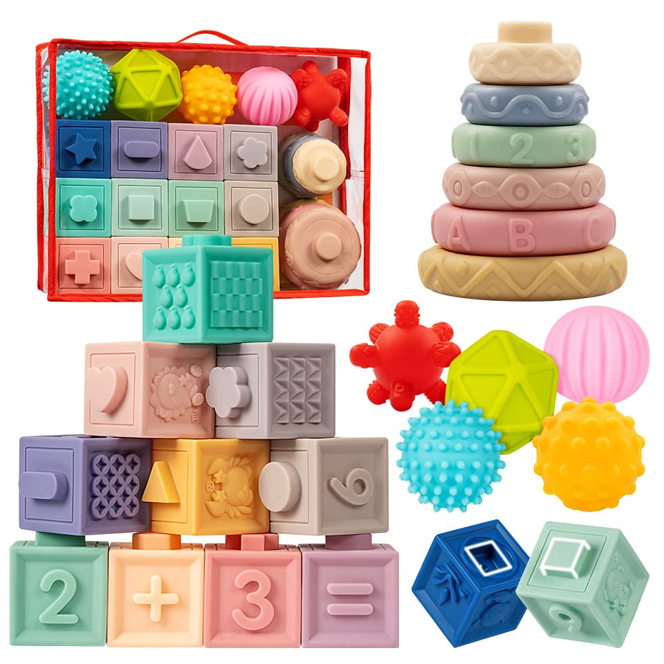 Jyusmile colorful blocks stack to promote fine motor skills and spatial awareness.