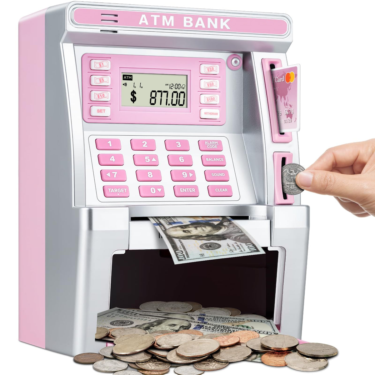 Jyusmile pink piggy bank ATM deposit view showing real money savings in action
