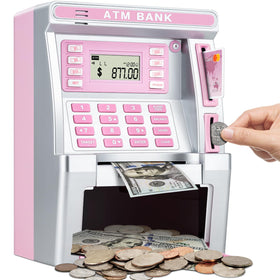 Jyusmile pink piggy bank ATM deposit view showing real money savings in action