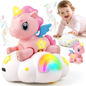 Jyusmile pink unicorn musical toy with interactive buttons for early learning.