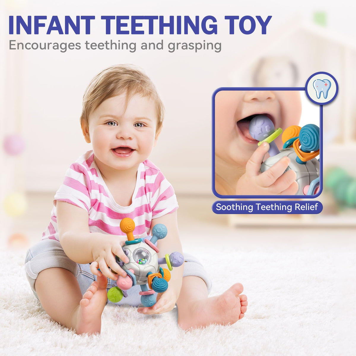 Jyusmile stacking rings help color and shape recognition with gentle clacks.