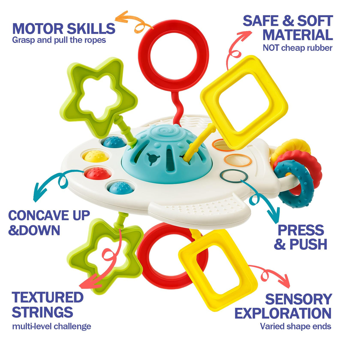 Jyusmile teething-rattle combo stimulates gums and auditory curiosity.