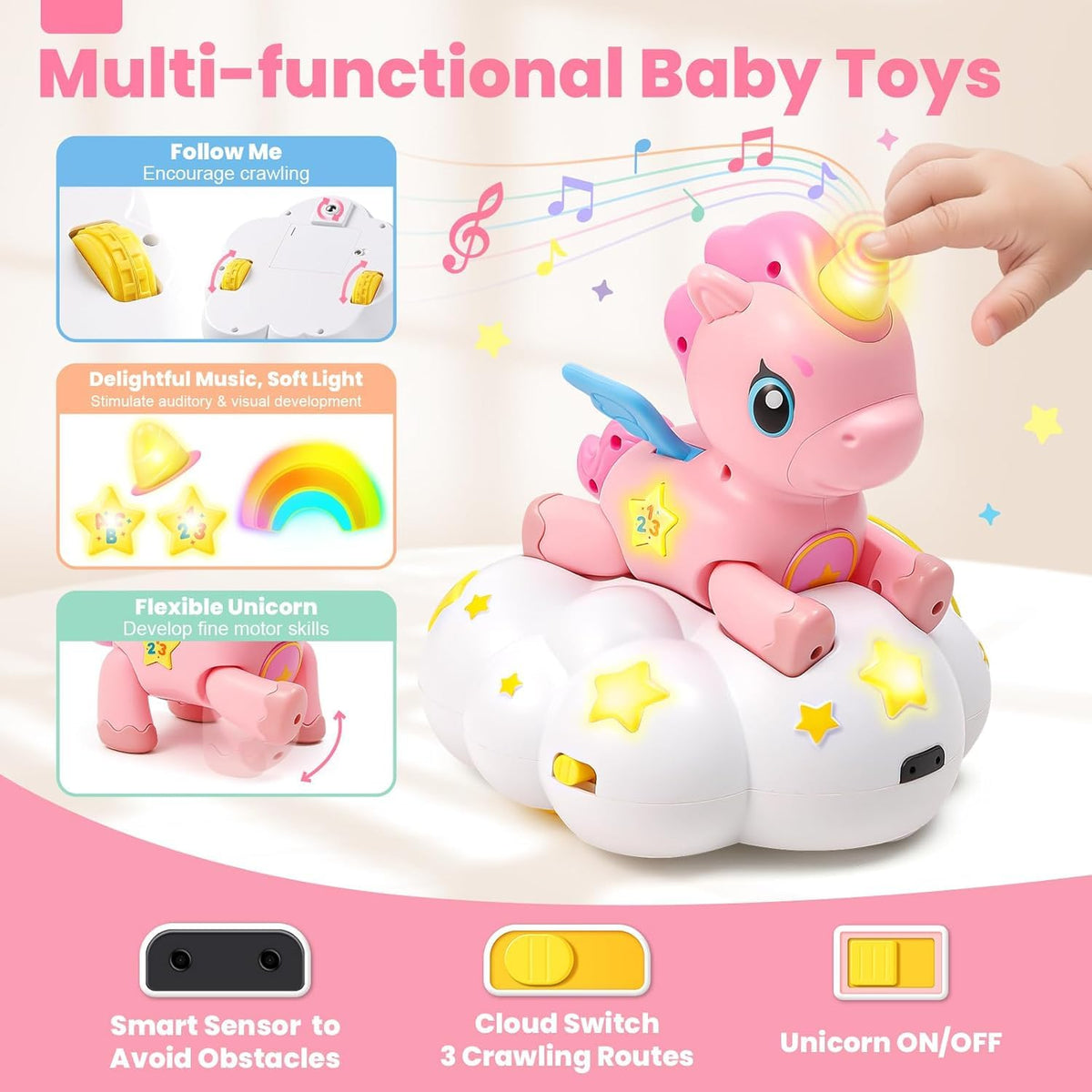 Jyusmile unicorn on cloud crawling base motivates tummy time and crawling exploration.