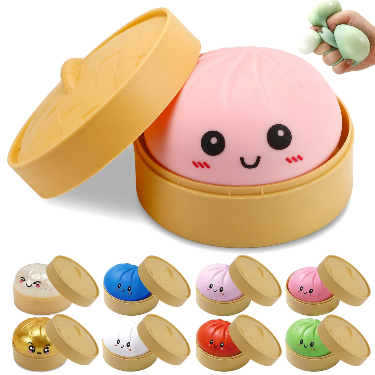 JYXT Dumpling Squishies inside a steamer case for desk stress relief.
