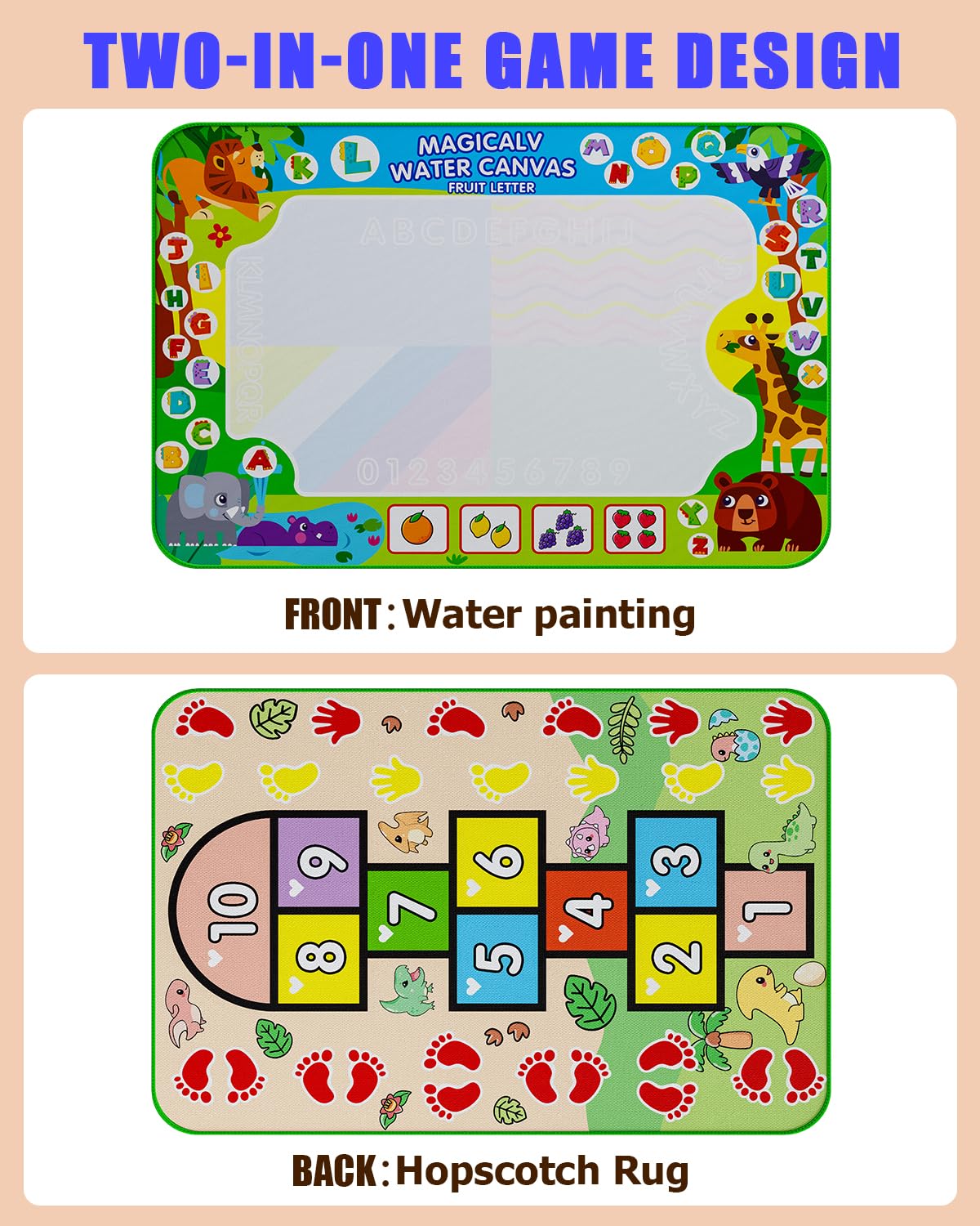 JZSIJ hopscotch rug back shows dinosaur design for active learning.