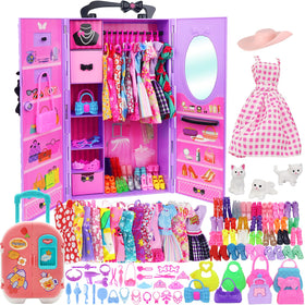 K.T. Fancy 83-piece doll set with wardrobe enhances imaginative play and organization.