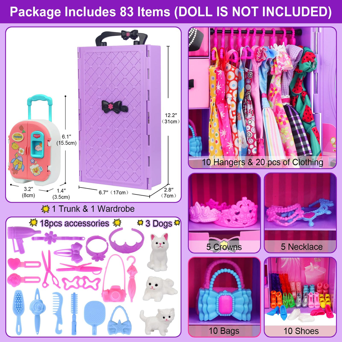 K.T. Fancy magic purple doll closet stores outfits stylishly.