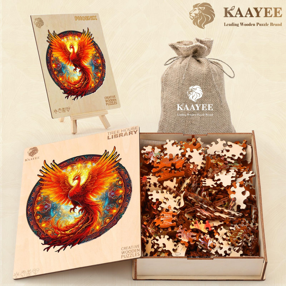 KAAYEE close-up of vibrant colors and wood texture on the Phoenix puzzle