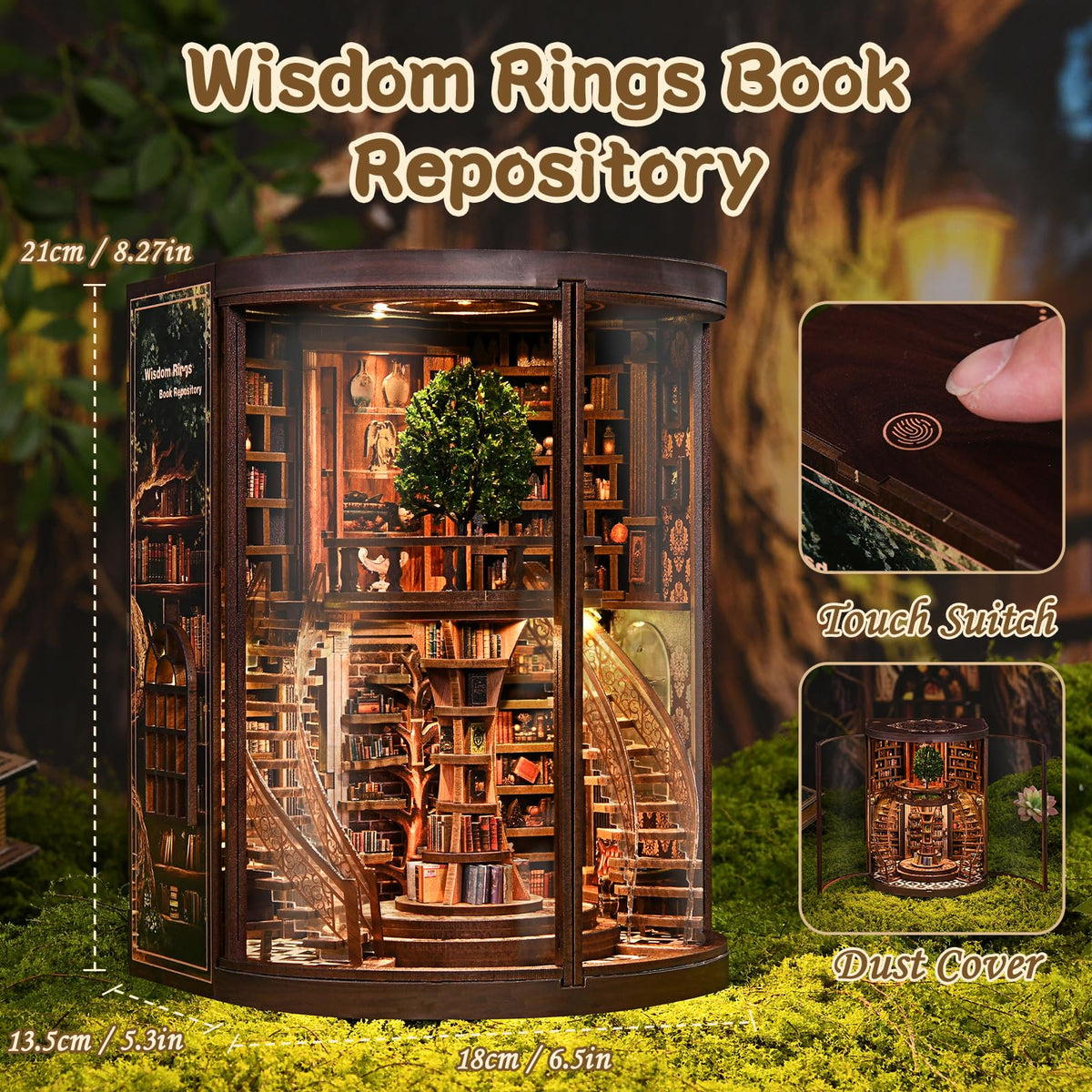 KaayeeWood Book Nook Kit LED light glowing softly for display ambiance.