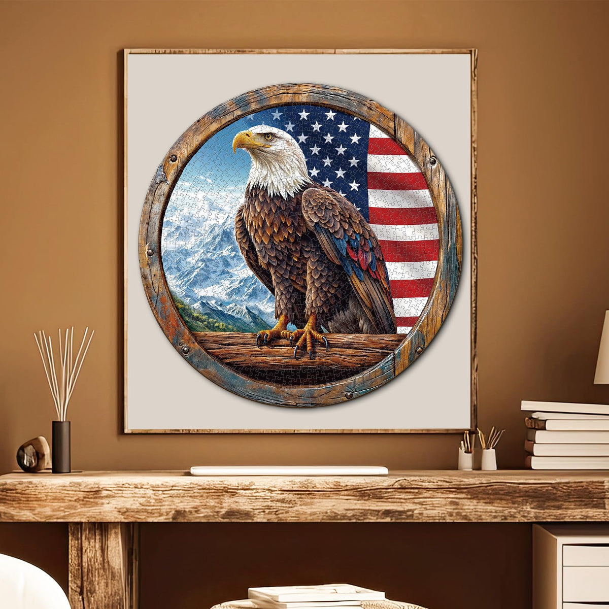 KaayeeWood detailed bald eagle artwork with rich colors and textures.