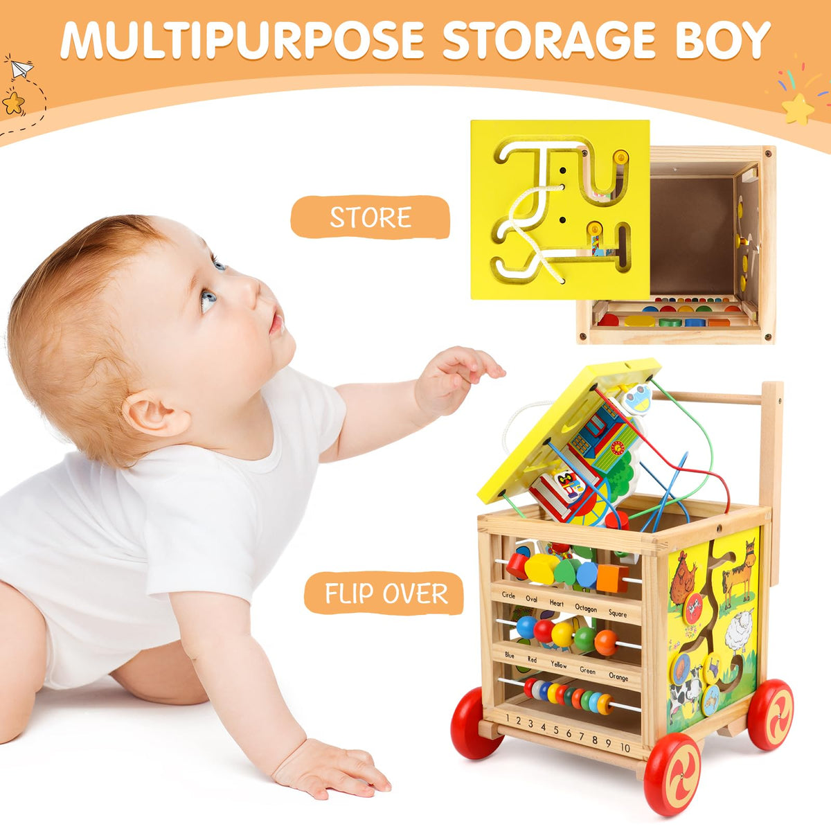 KABENFIS wooden activity cube storage function keeps small toys organized