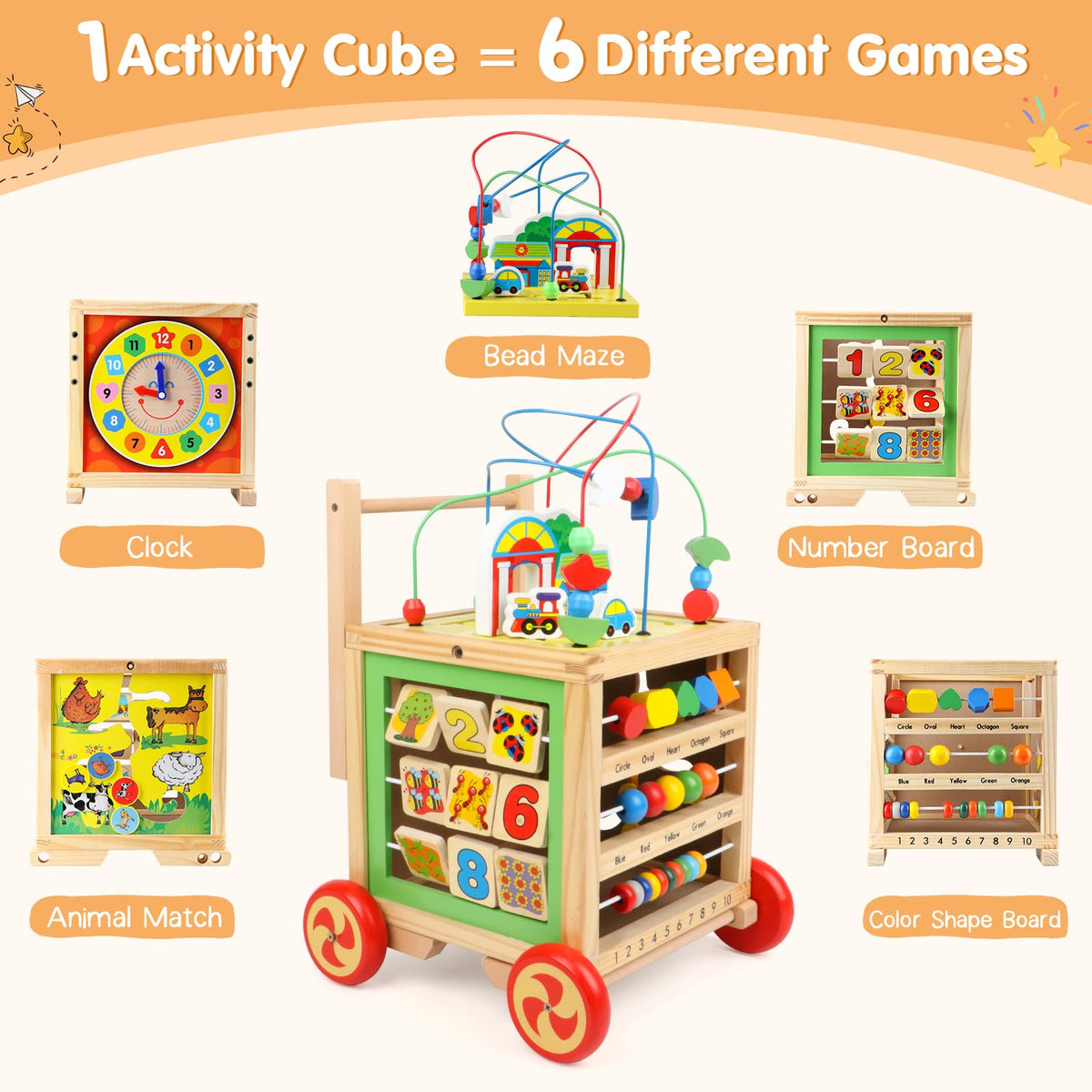 KABENFIS wooden activity cube teaching clock promotes time-telling awareness