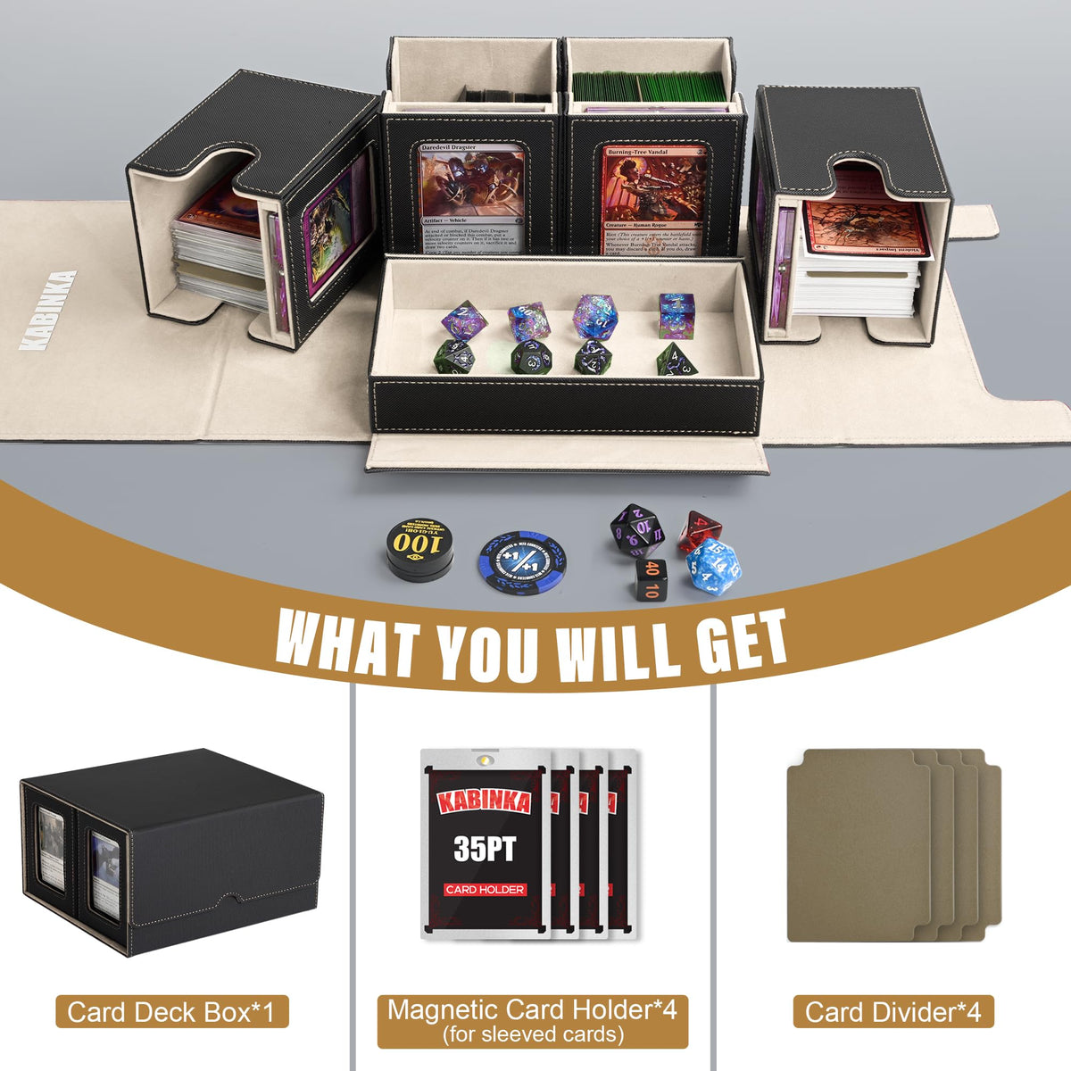 Kabinka Card Deck Box supports 100 double-sleeved decks for protection.