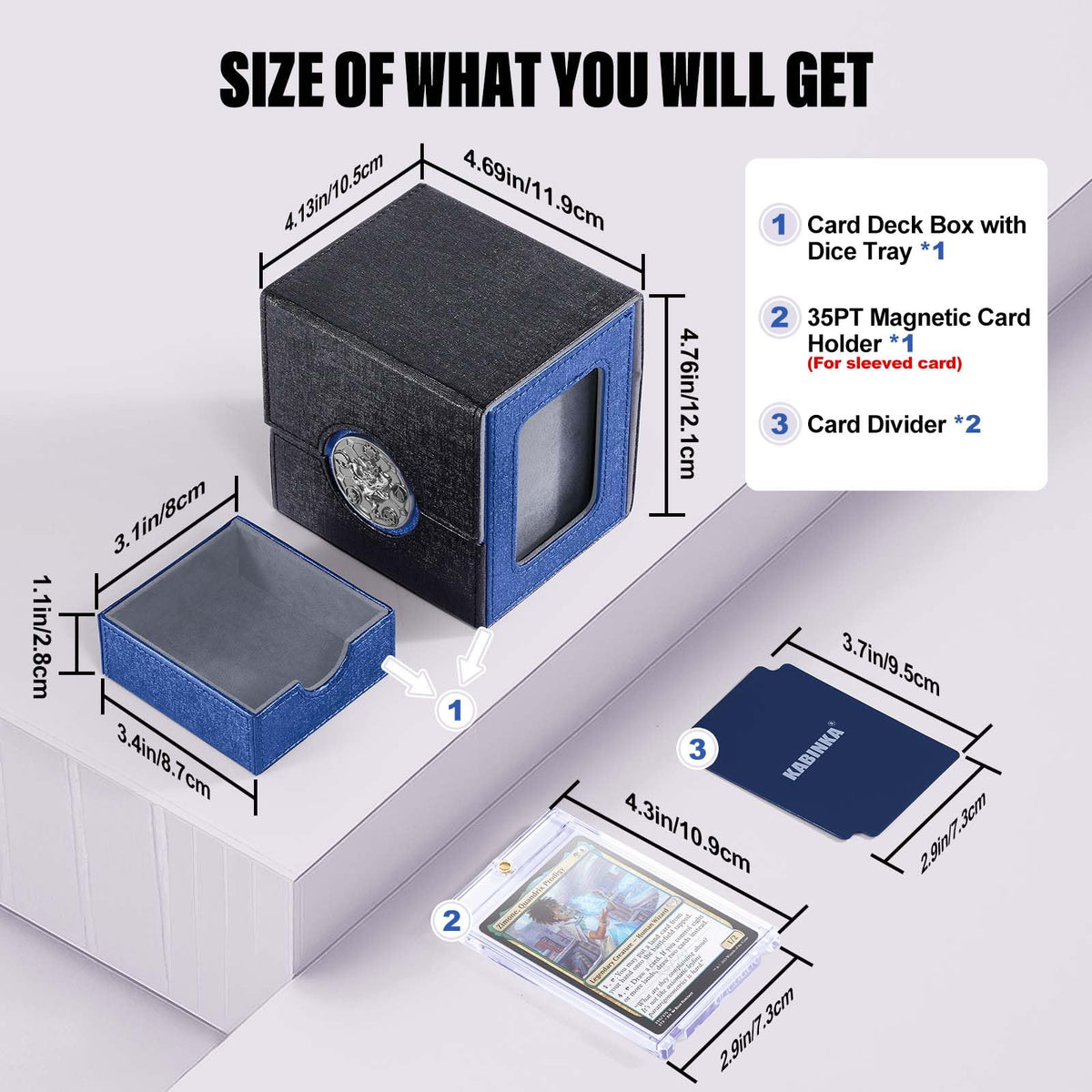 Kabinka deck box capacity with dividers organizes 100+ double-sleeved cards.