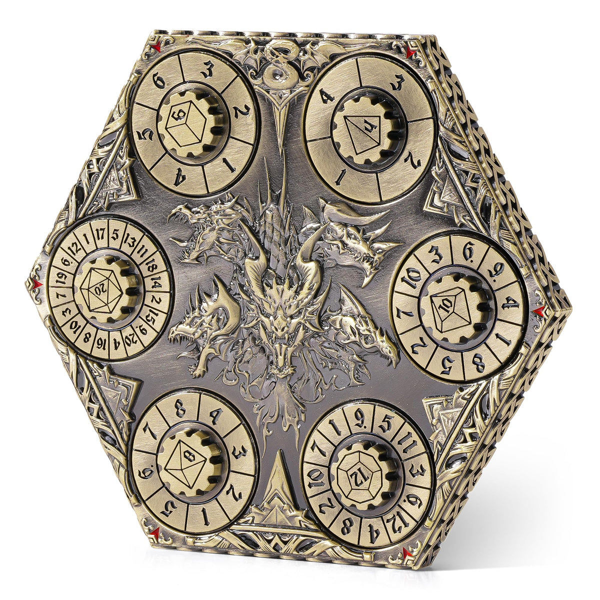 Kabinka bronze DND dice set close-up highlighting 7-in-1 spin-dial