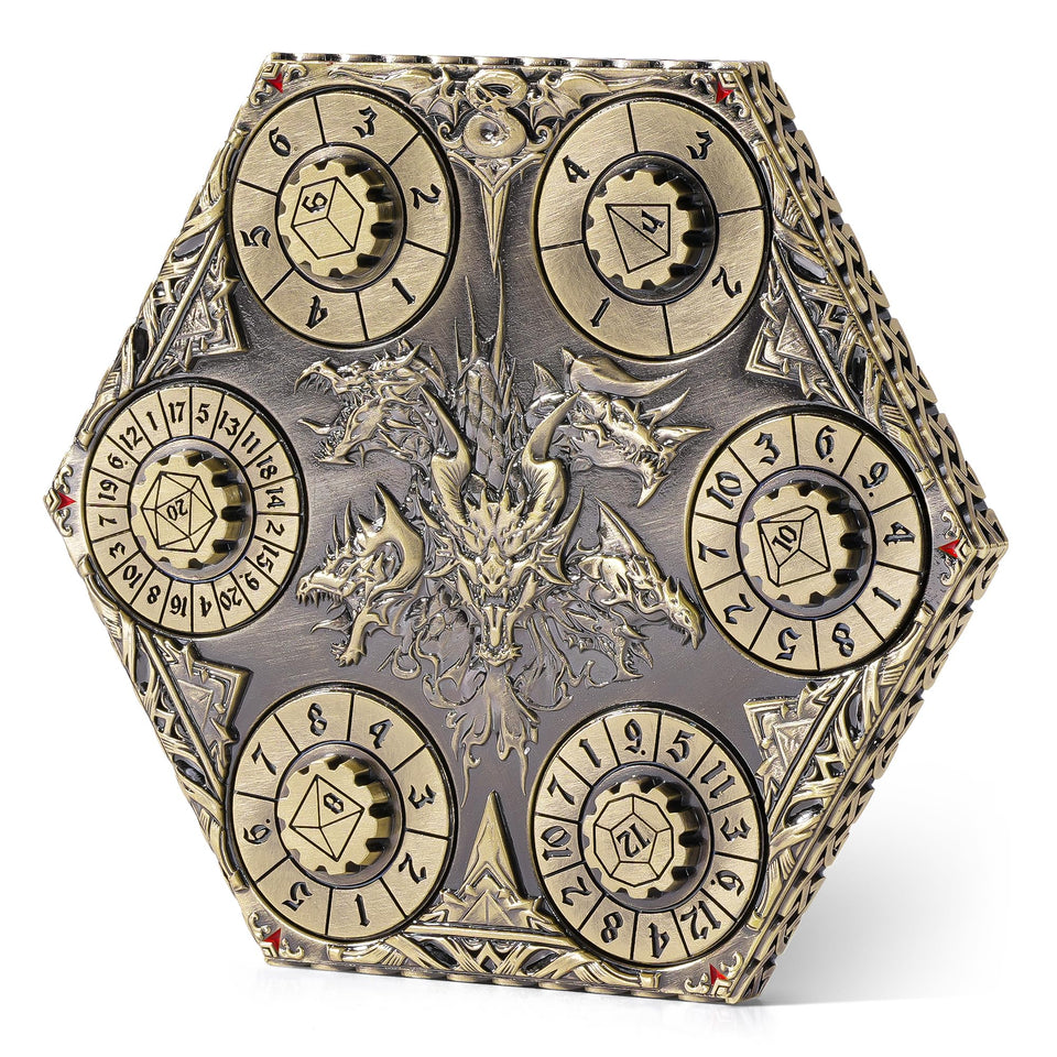Kabinka bronze DND dice set close-up highlighting 7-in-1 spin-dial