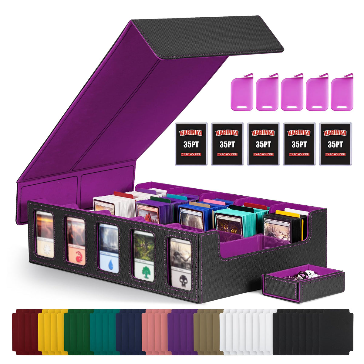 Kabinka trading card storage box front view with quick access to deck collection.