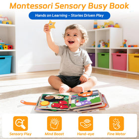 Kabiuby giraffe busy book page with activities that build fine motor skills