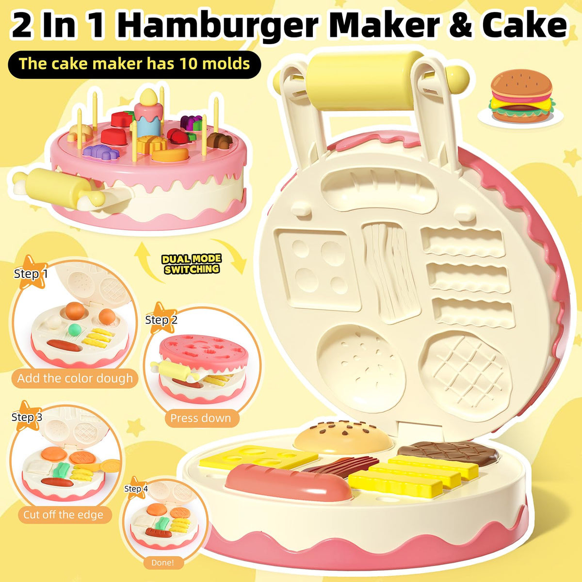Kaelinda hamburger mold encouraging creative burgers and toppings in open-ended play