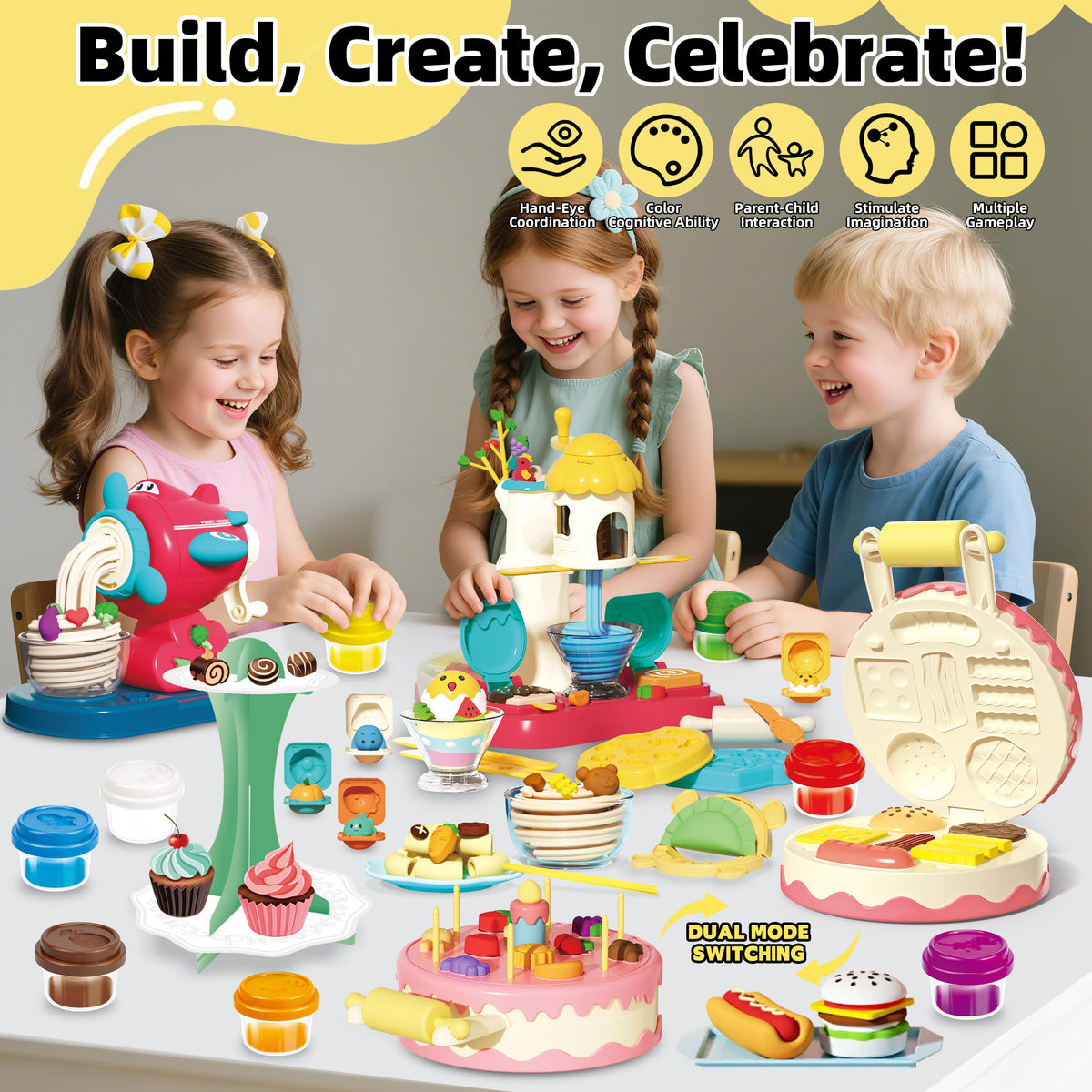 Kaelinda playdough noodle maker helping kids practice hand-eye coordination with colorful shaping