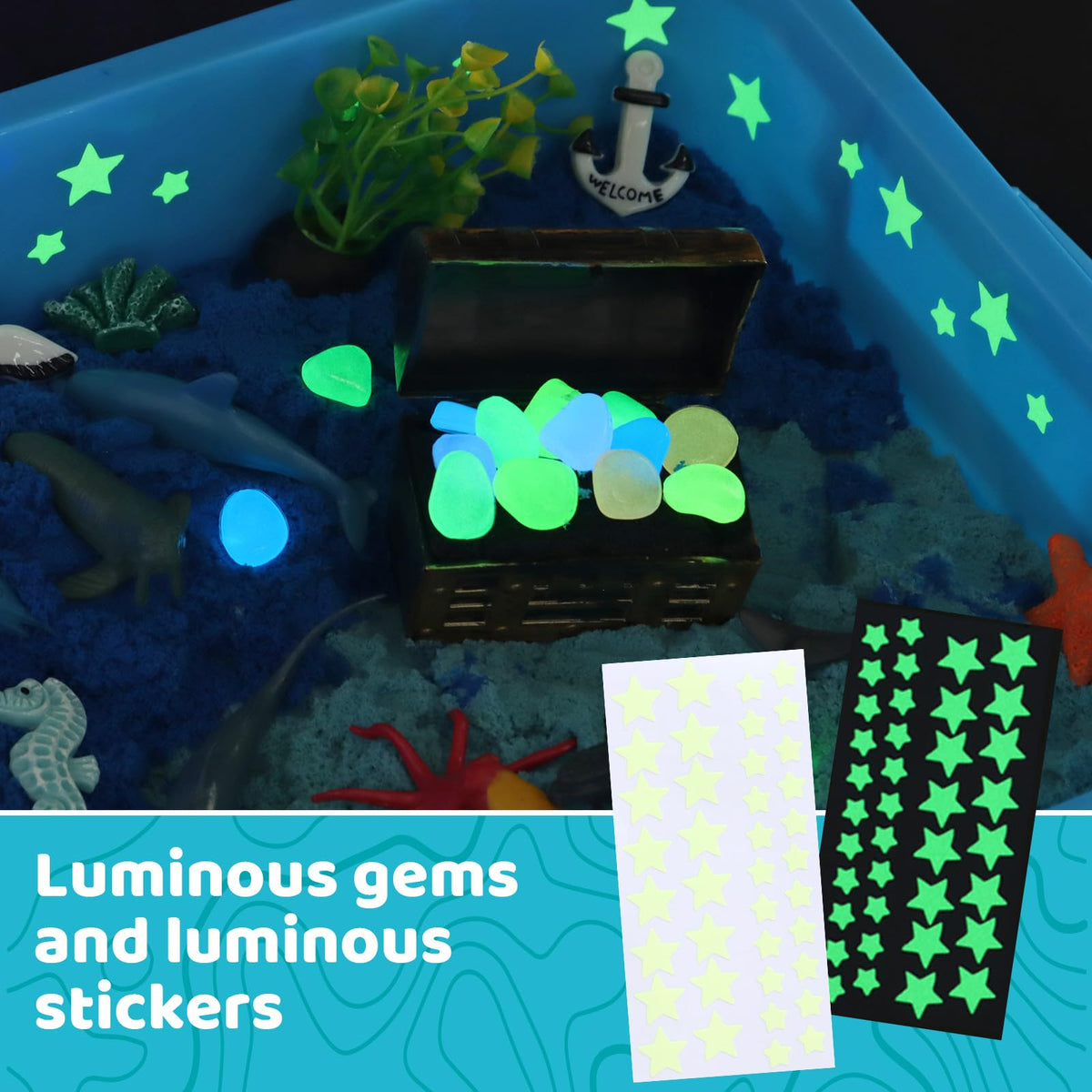 Kaelinda Ocean Sensory Bin glow star stickers illuminate nighttime scenes