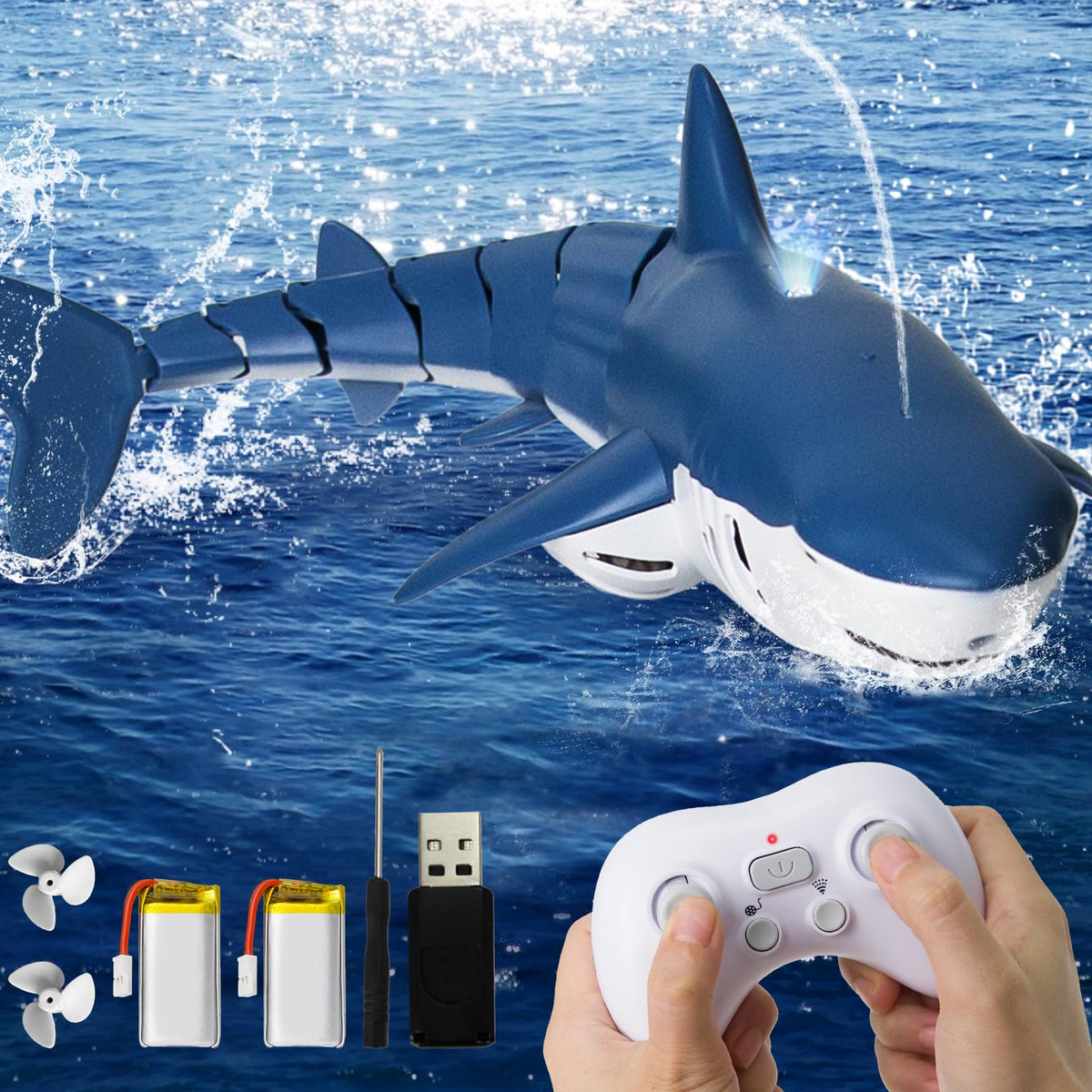 Kafuzi RC shark toy pool left view for realistic swimming play in the water