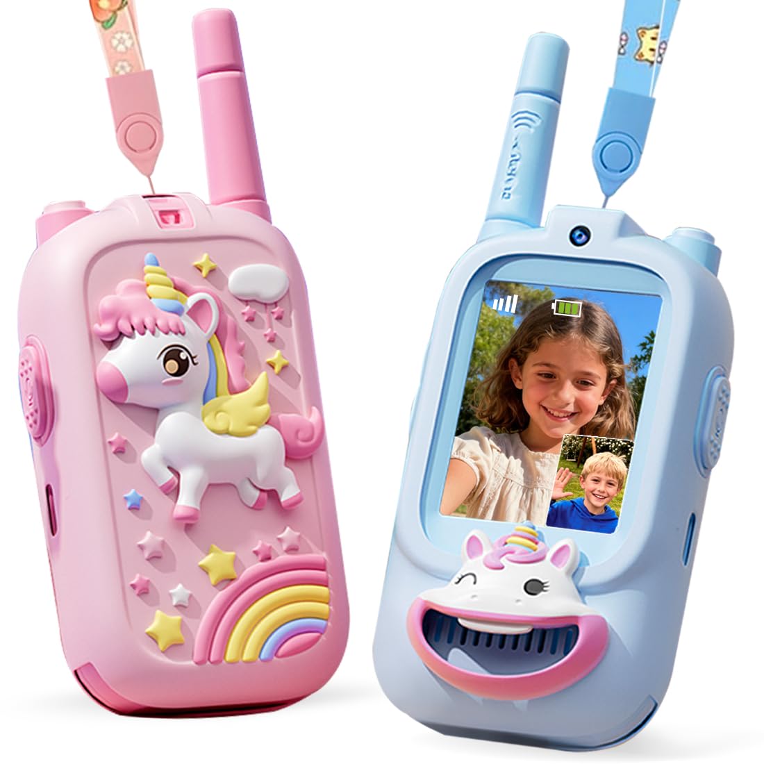 Kahopy video walkie talkies for kids pink and blue ready for outdoor real-time video.
